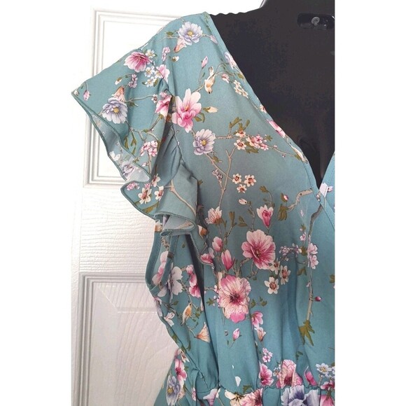 Bloom Chic Dress Sz 14/16 Flutter Sleeve Belted Floral Mint Feminine Cottagecore - Picture 6 of 9